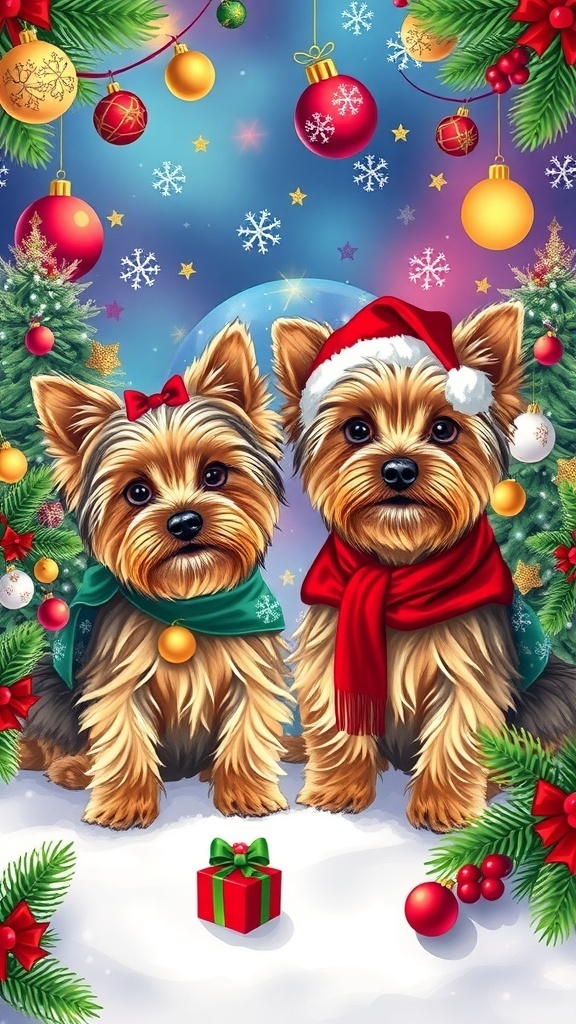Yorkshire Terriers in Christmas outfits with ornaments and snowflakes on a festive wallpaper.
